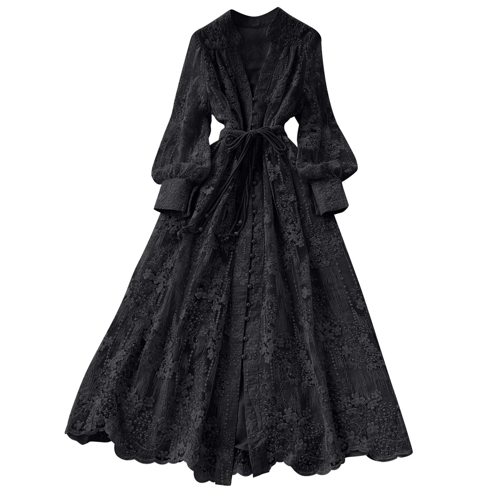 Generisch Abito da sera da donna con ricamo, maxi abito a maniche lunghe, con cintura, maniche a campana, abito da cocktail a vita alta, abito da festa, abito da ballo, abito casual