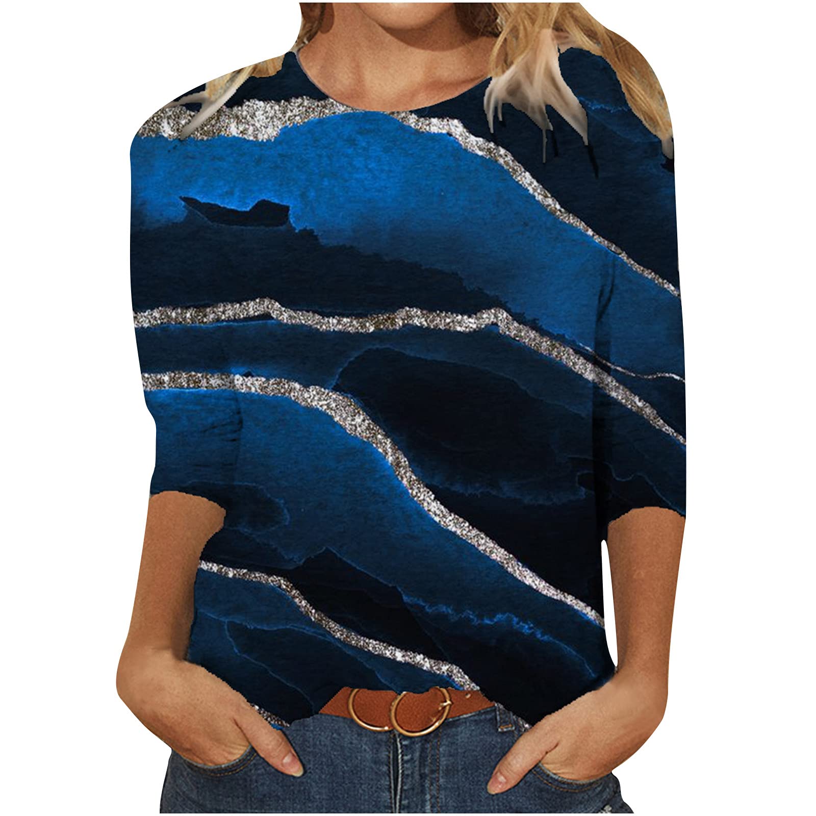 Women's Spring Printed Mid-Length 3/4 Sleeves O-Neck Casual Tee Tops T-Shirt Sale Clearance UK Size