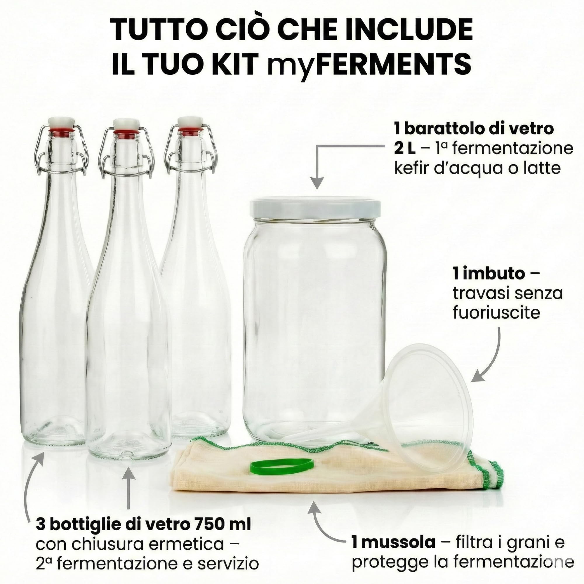 myFERMENTS - Kit Produzione Bevande Artigianali | Barattolo Vetro 2L | 3 Bottiglie Ermetiche 750ml | Imbuto e Mussola | Adatto per Birra, Liquori, Kombucha, Kefir | Trasparente, Vetro