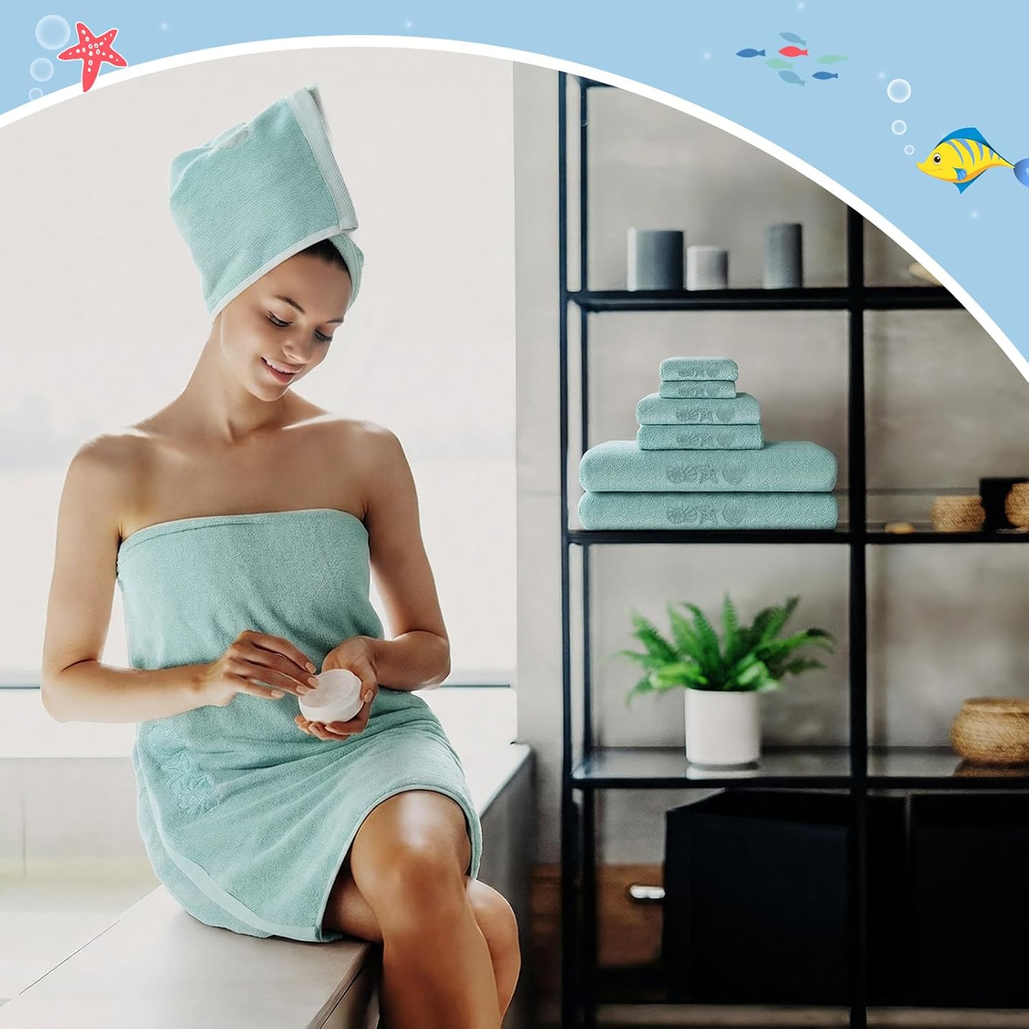 Boao 6 Pack Coastal Bathroom Towel Set Beach Ocean Cotton Embroidered Towels for Bathroom Shell Starfish Conch Bath Decoration Set Soft Absorbent for Drying Shower Supplies