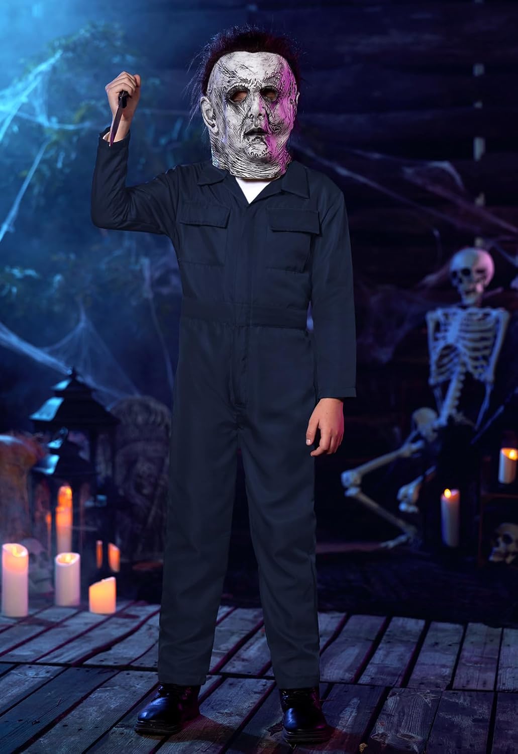BesserBay Halloween Kids 3Pcs Scary Killer Costume with Mask Knife Navy Mechanic Coveralls Set 4-14 Years