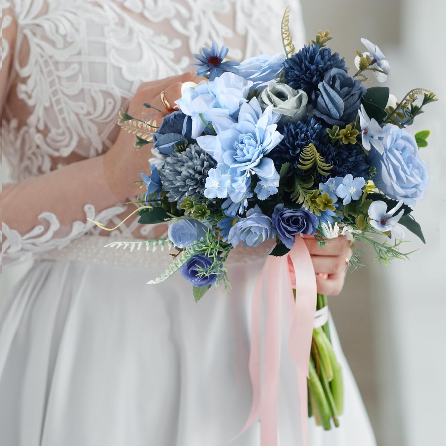 Zeyune 12 Bundles Gradient Blue Artificial Flowers Peonies Silk Dahlia Faux Rose Fake Chamomile Hydrangea Bouquet Floral Arrangements Bulk for Home Vase Wedding Party Table Centerpiece (Peonies)