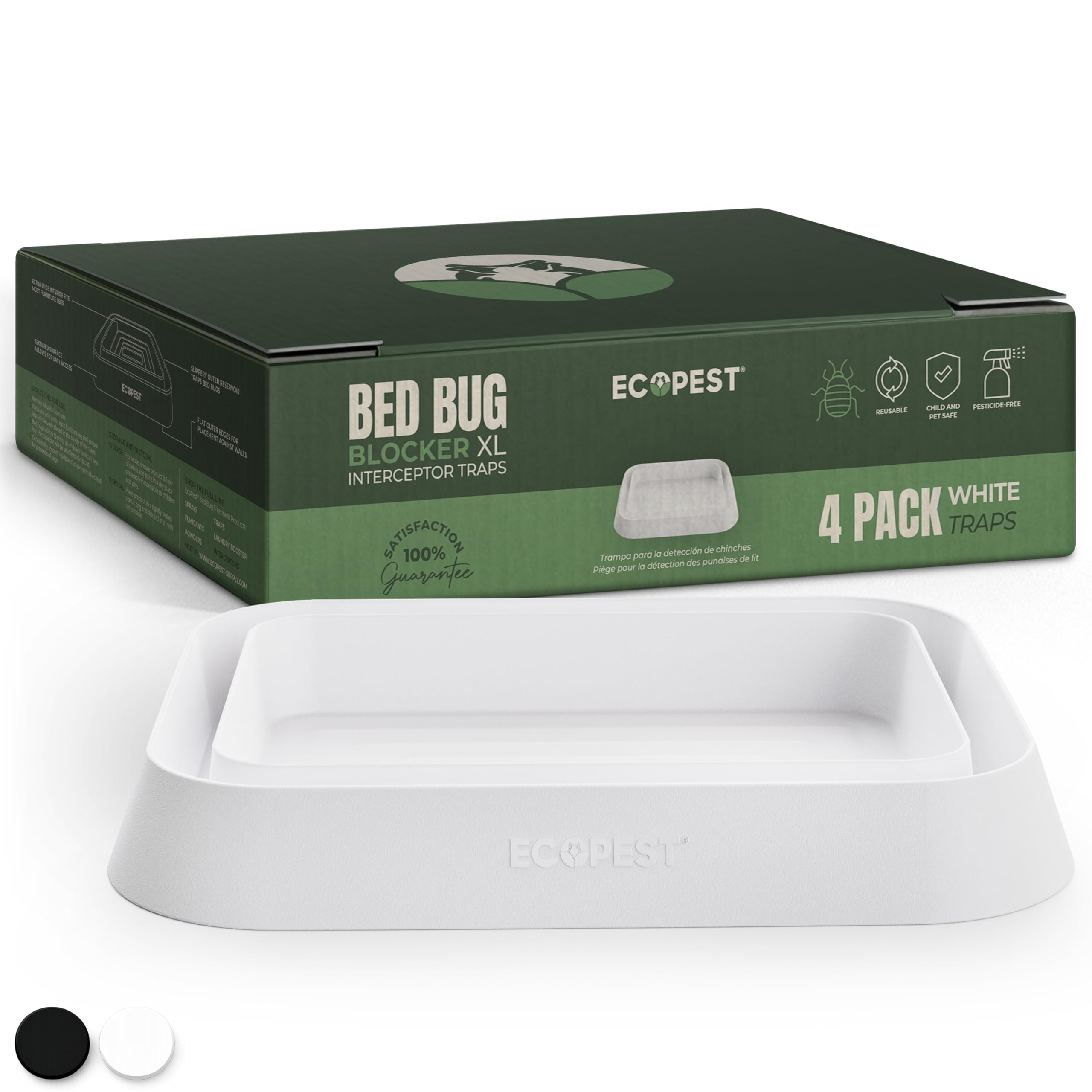 Ecopest White Bed Bug Interceptors – 4 Pack | Bed Bug Blocker (Xl) Interceptor Traps (White) | Extra Large Insect Trap For Bed Legs | No Chemicals Or Pesticides | Monitor, Detector, And Trap For Bed Bugs