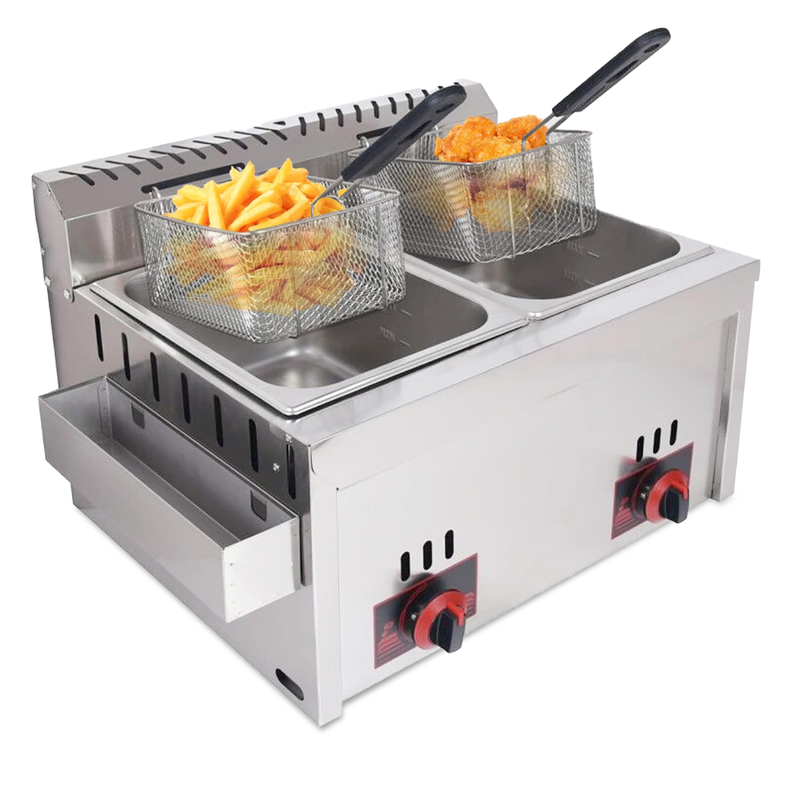 Gas Fritteuse Gastro 20L Gewerbliche Doppel Gasfritteuse Edelstahl Profi Gasfritteuse Mit Pommeskorb Für Restaurant, Heimküche, Snackbar