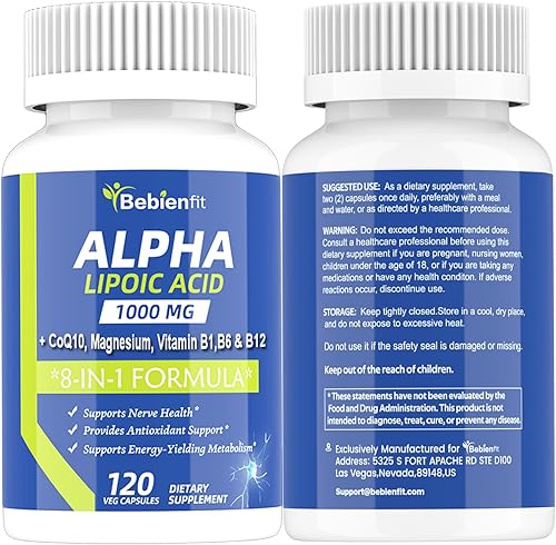 Miniatura 7 de Ácido alfa lipoico 1000 mg (ALA) con benfotiamina B1, B12, CoQ10 y selenio Apoya la salud nerviosa, la energía y el metabolismo 120 cápsulas (120