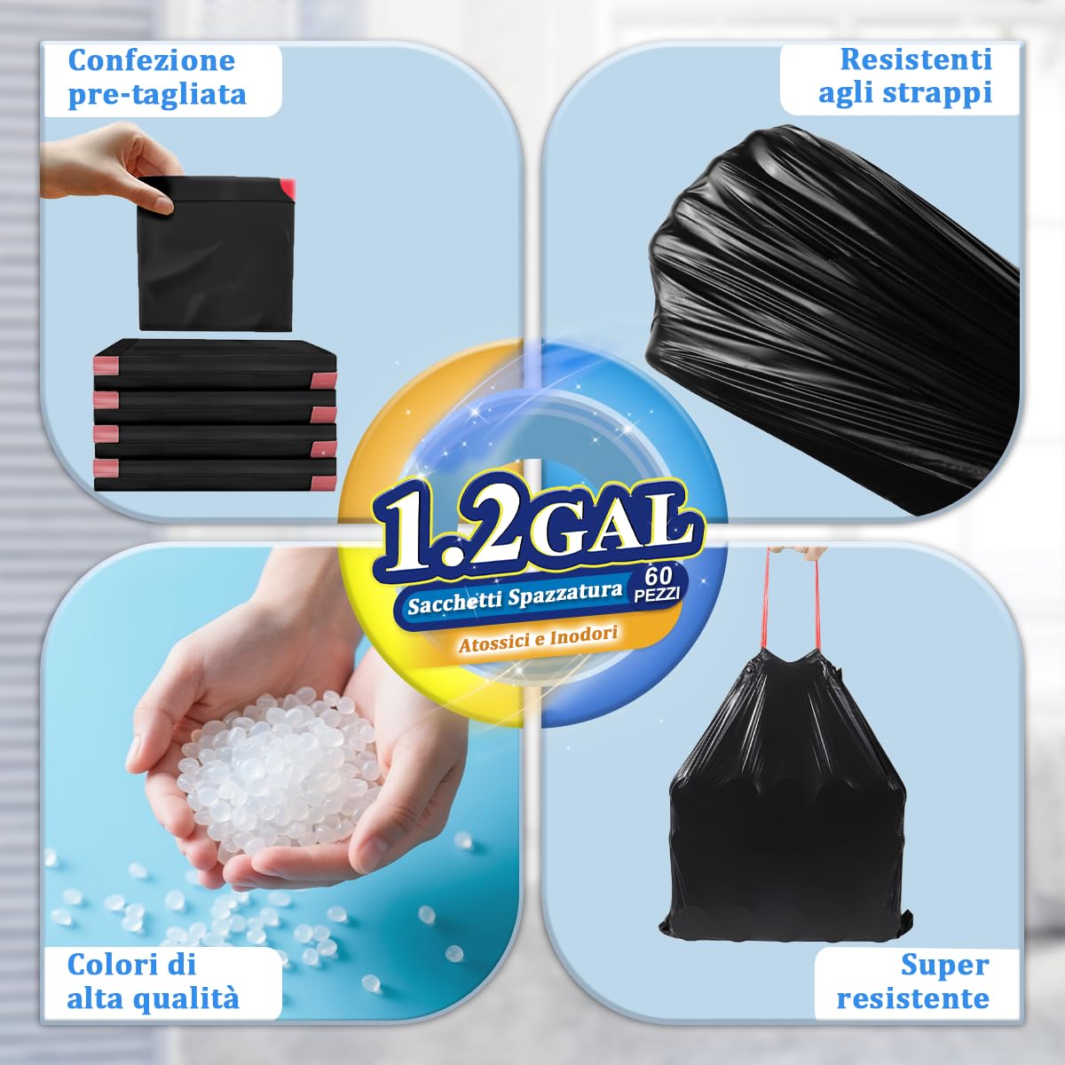 OKKEAI 60 Sacchetti Cestino con Coulisse, Buste Spazzatura 5L Neri Sacchetti Spazzatura Piccoli, Estrazione Semplice Senza Strappo, Antistrappo Anti-Perdite, Ideali per Bagno, Ufficio, Camera, Auto