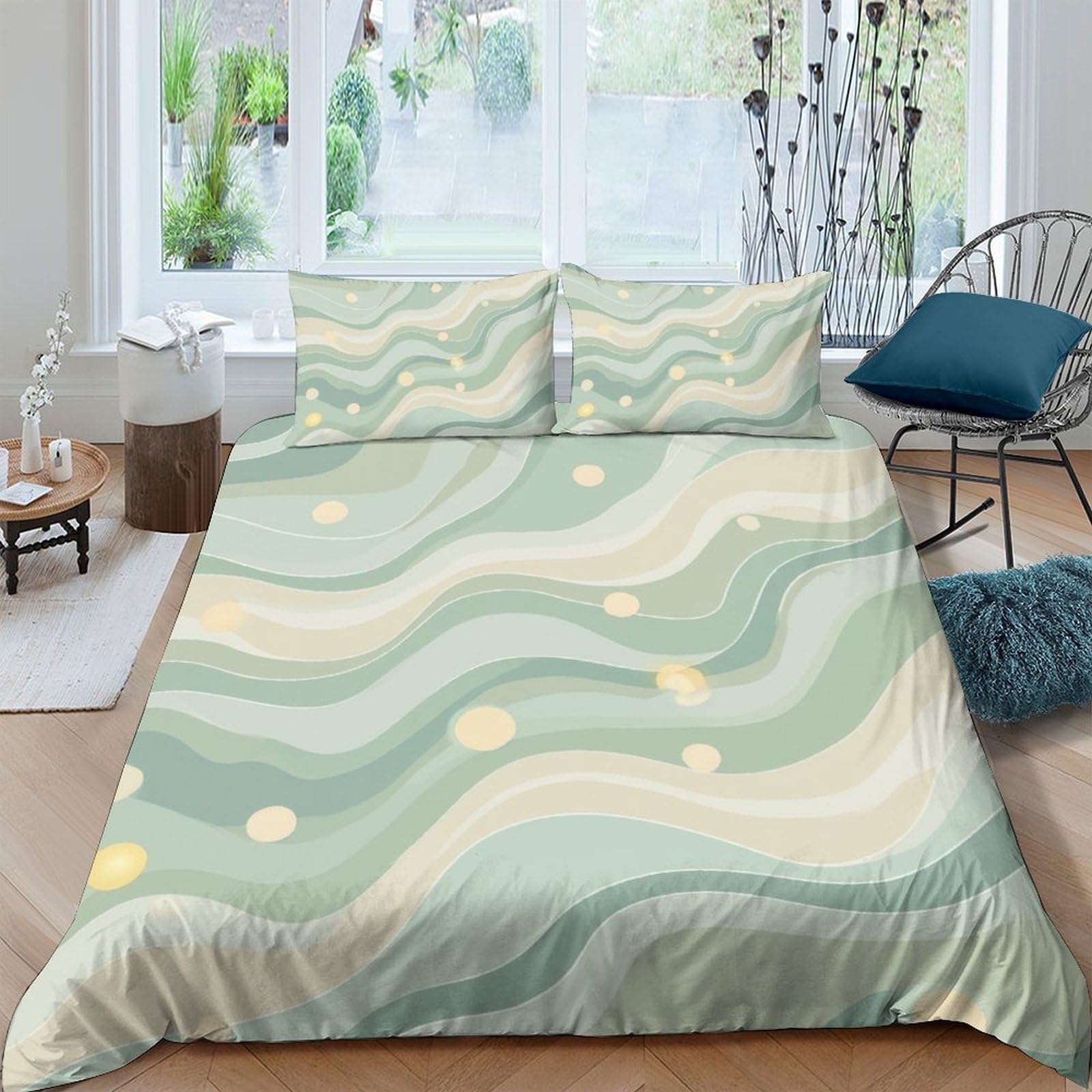 Ctjqhvkz Style-8 3D Printed Green Wave Fitted Sheet Microfiber Soft Abstract Yellow Dot Mattress Cover For Bedroom Dorm Decor Single（135X200cm）