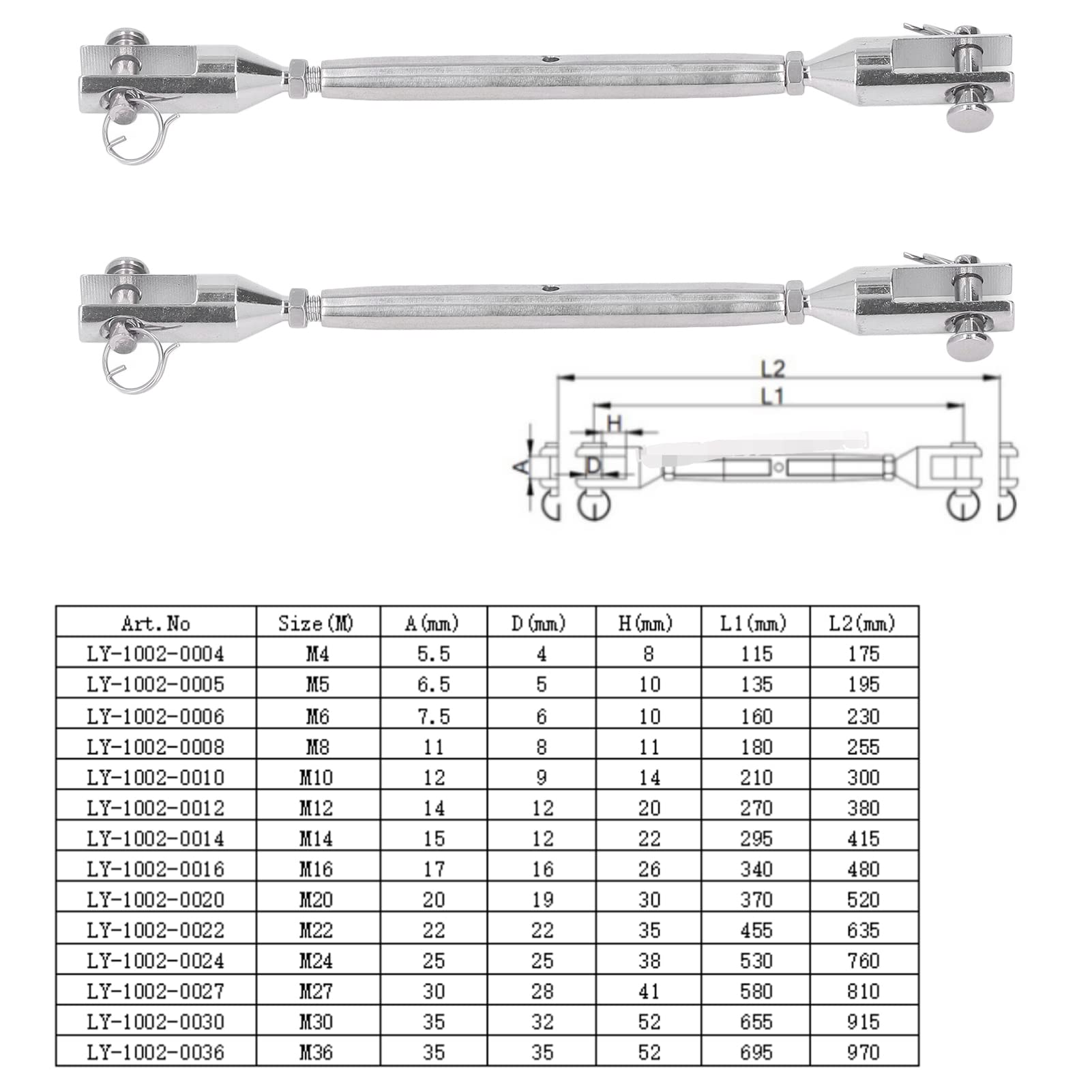 2Pcs Jaw Turnbuckle, Premium Stainless Steel Heavy Duty Jaw and Jaw Turnbuckle, Closed Jaw Design Hook Connector Fastener for Marine Rope Cable(M4)