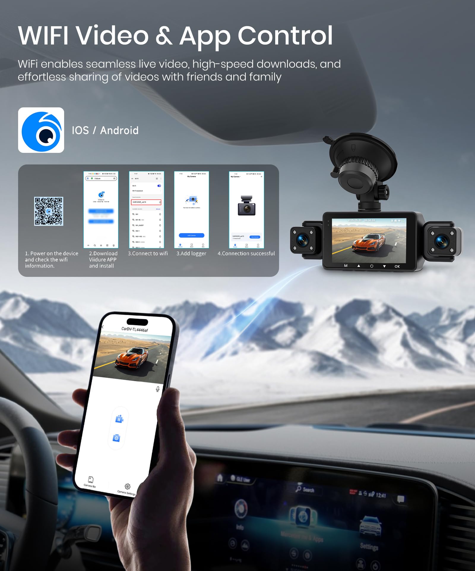 Rimoody 4 Canales WiFi Dashcam para Coche 360°, 1080P Delantera y Trasera Izquierda Derecha, 3 Pulgadas IPS WiFi Dash CAM con Visión Nocturna IR WDR/Control de App/Vídeo en Bucle/24H Monitor/G-Sensor