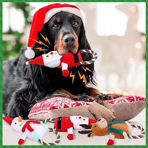 Miniatura 6 de Hiboom 6 juguetes de peluche chirriantes de Navidad para perros, juguetes interactivos de cuerda para perros, juguetes duros para masticar, juguetes