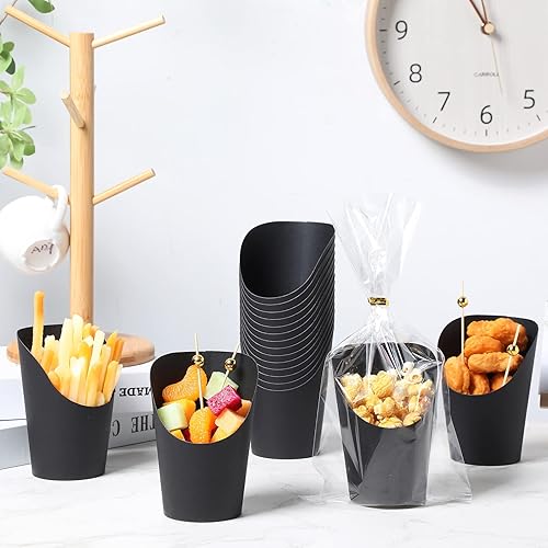 Miniatura 3 de 100 tazas desechables de embutidos con púas de cóctel, bolsas OPP, lazos dorados, bambú, soporte para papas fritas de papel de estraza para papas