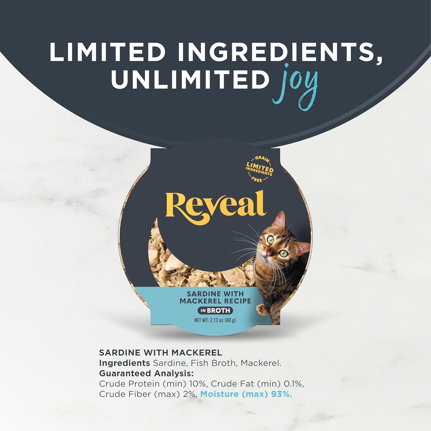Reveal Natural Wet Cat Food, 18 Count, Grain Free, Limited Ingredient Cat Food Cups, Sardine with Mackerel in Broth, 2.12 oz Easy Peel Cups