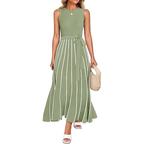 ZESICA Women's Summer Sleeveless Midi Dress 2025 Crewneck Ribbed Knit Tie Waist Casual A Line Swing Dresses