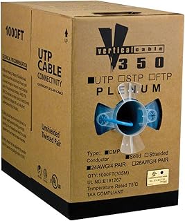 Vertical Cable CAT5E, 350 MHz, UTP, 24AWG, 8C Solid Bare Copper, Plenum, 1000ft, Blue, Bulk Ethernet Cable