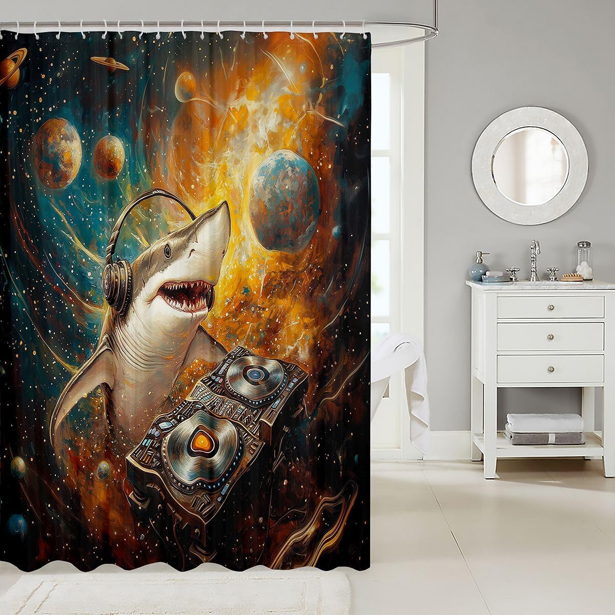 Erosebridal Disco Shark Shower Curtain 72" Wx72 L for Kids Boys - Funny Rock Dj Music Themed Bathroom Curtain Gradient Starry Space Bathroom Accessories,Whimsical Galaxy Disco Shark Shower Decor image 2