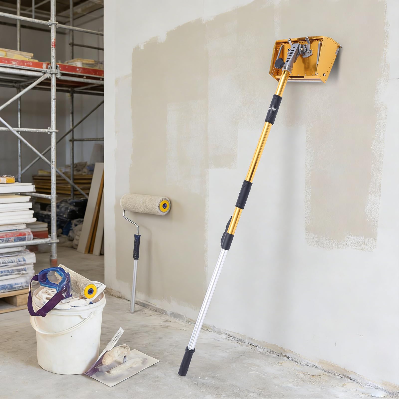 Espátula plana para paneles de yeso con caja de limpieza, 25 cm, espátula de pared ajustable para placas de yeso, barra telescópica de 105 a 168 cm, ángulo ajustable para paredes y techos, amarillo