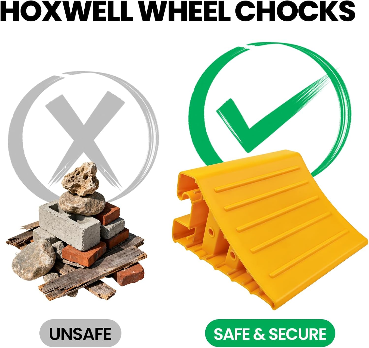 HOXWELL 1 Pair Wider Wheel Chocks with Rope for Travel Trailers, Non Slip Yellow Wheel Chock, Lightweight Wheel Stoppers for Cars Camper Trucks RVs, Easy to Carry, 2Packs