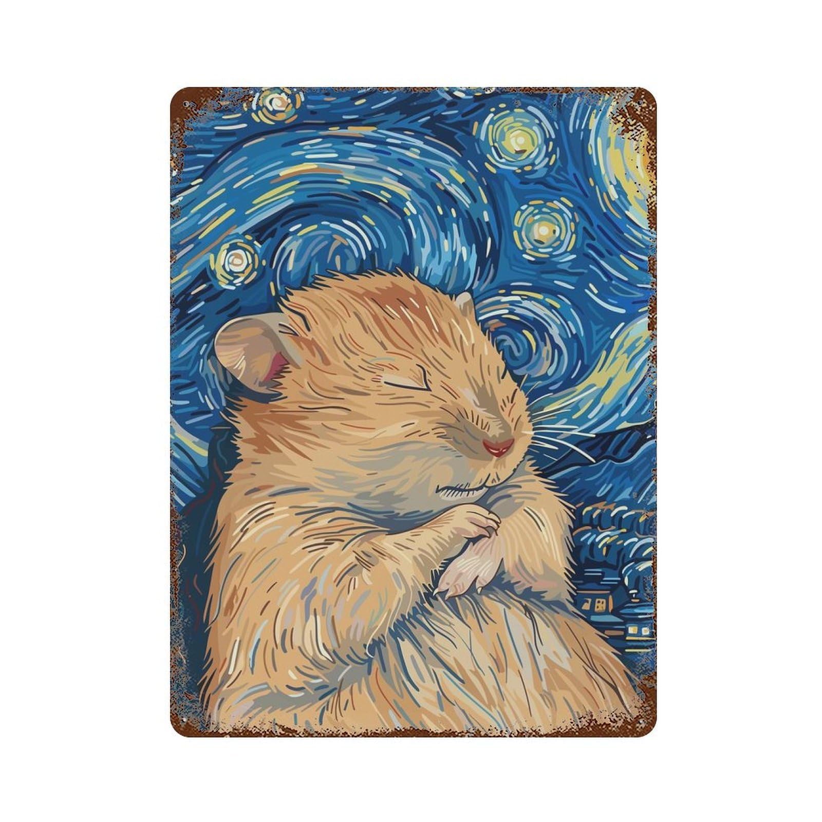 Garage Style Hamster in Starry Night Style Decorative Tin Sign 15.7"x11.8", Rustic Home Decor for Bar And Workshop