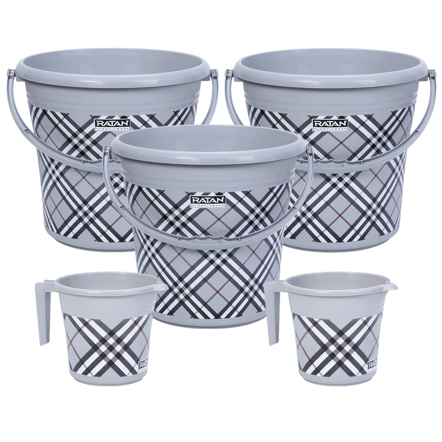 Ratan Plastics Frosty Checks Print Pack of 5 Bathroom Set (18L Bucket x 3 / 1L Mug x 2) - Grey (B09TZW3B55) Amazon Price History, Amazon Price Tracker
