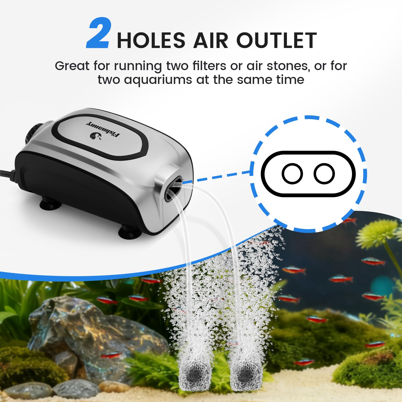 Pompe à air silencieuse 3 W/5 W pour aquarium – Petite et puissante pompe à air à double sortie, pompe aérateur d'oxygène réglable avec kit de bulles pour aquariums de 1 à 600 L (argent