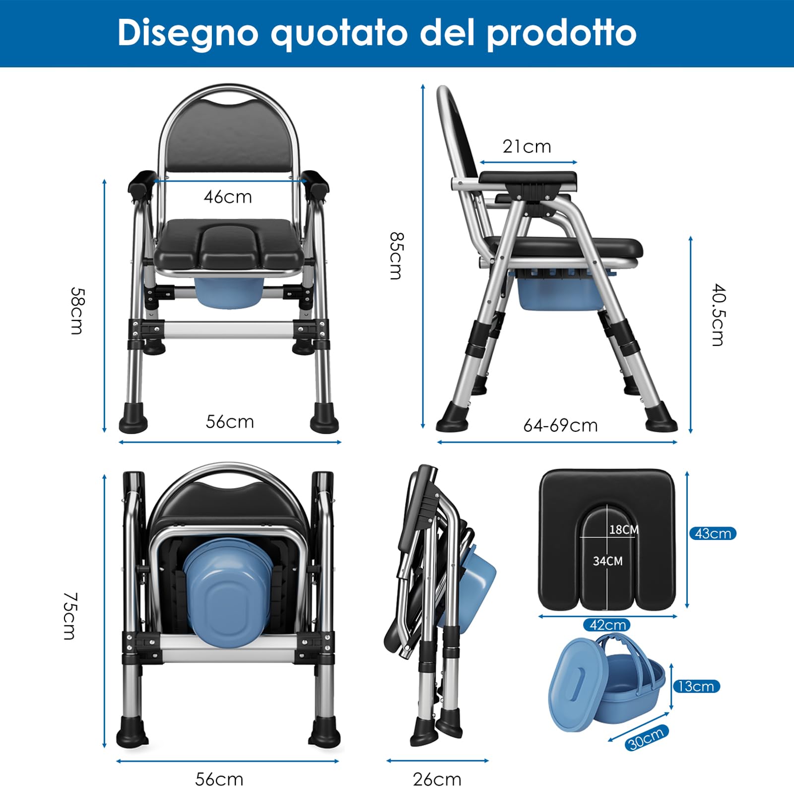 Sedia Comoda WC per Anziani, Sedia WC Pieghevole con Braccioli, Water Portatile per Adulti, Cesso Portatile Con secchio igienico e cuscino imbottito, Sedia da Doccia Disabili, (TY-0312)