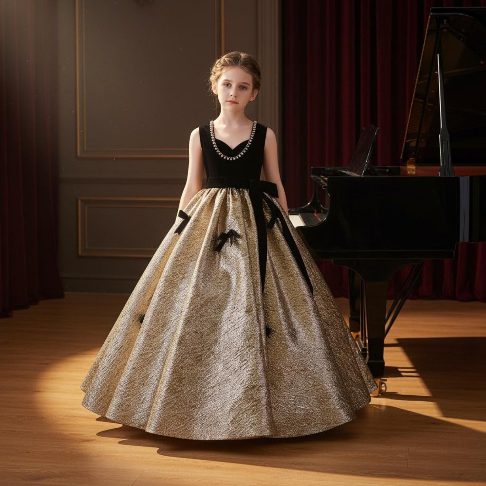 Abito Bambina Abito Cerimonia Vestito Festa Abito Principessa Abito Spettacolo con Linea Ball Gown Gonna Luminosa Nastri in Velluto Collo Decorato con