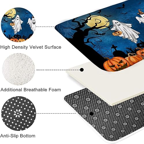 Miniatura 6 de Mocsicka Juego de 4 cortinas de ducha de Halloween para baño, juego de baño de cementerio espeluznante fantasma aterrador con alfombras