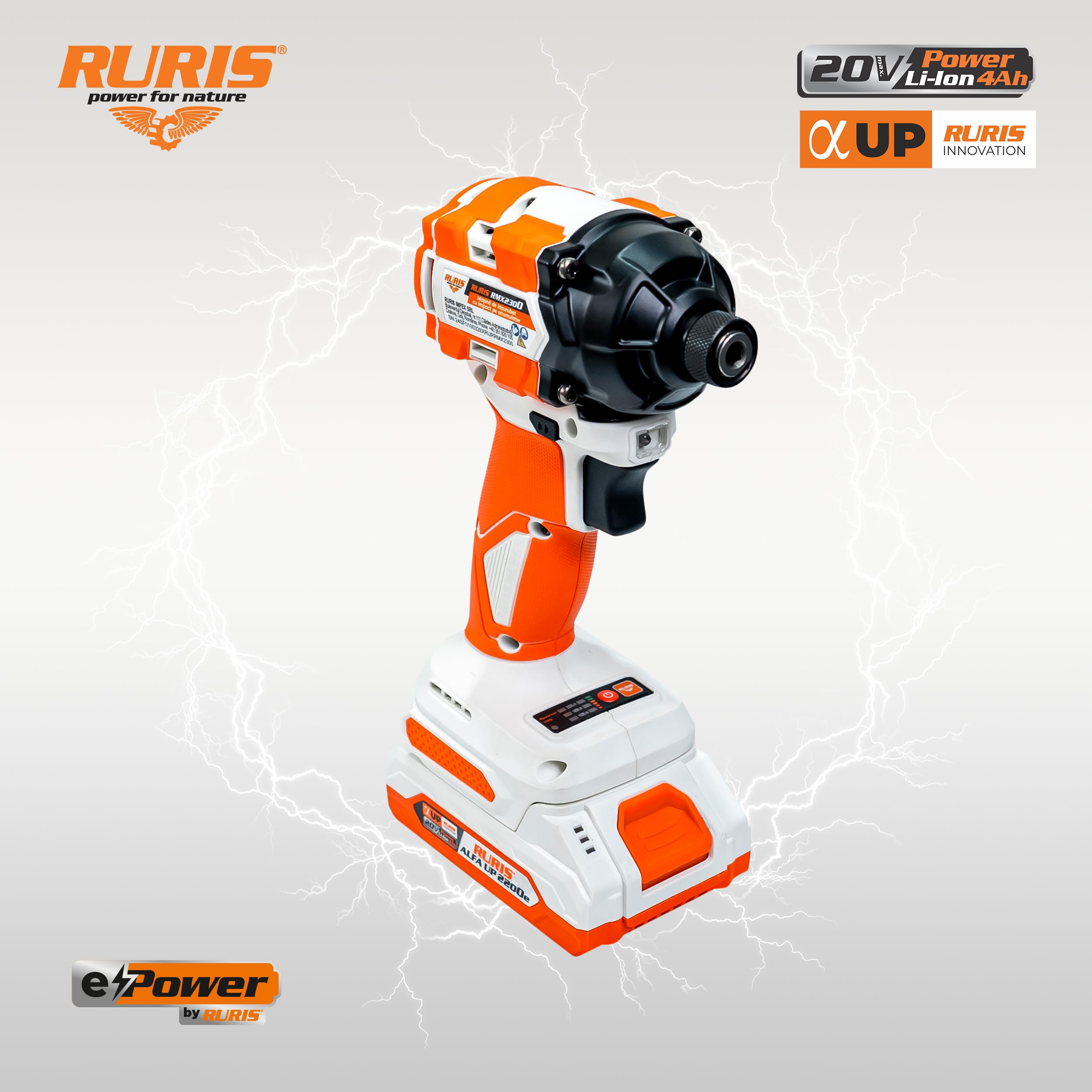 RURIS RMX2300 wkrętarka udarowa akumulatorowa 230 Nm, silnik bezszczotkowy, 3300 obr./min, LED, 1/4", heks, do śrub M8-M18 + zestaw akumulatora 20 V 4Ah i ładowarka