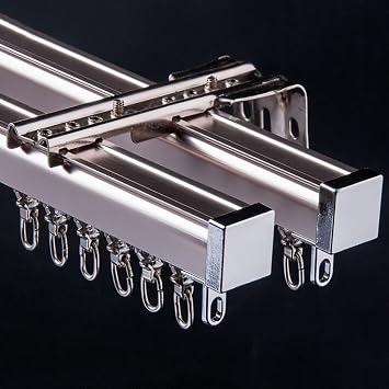 Double Curtain Track Rod Set, Wall Or Ceiling Mount, Heavy Duty Curtain Rail System For Curtains, Drapes, And Room Dividers, With Roller, Bracket And End CapColorAmber gold - B,Size1m/3.3ft