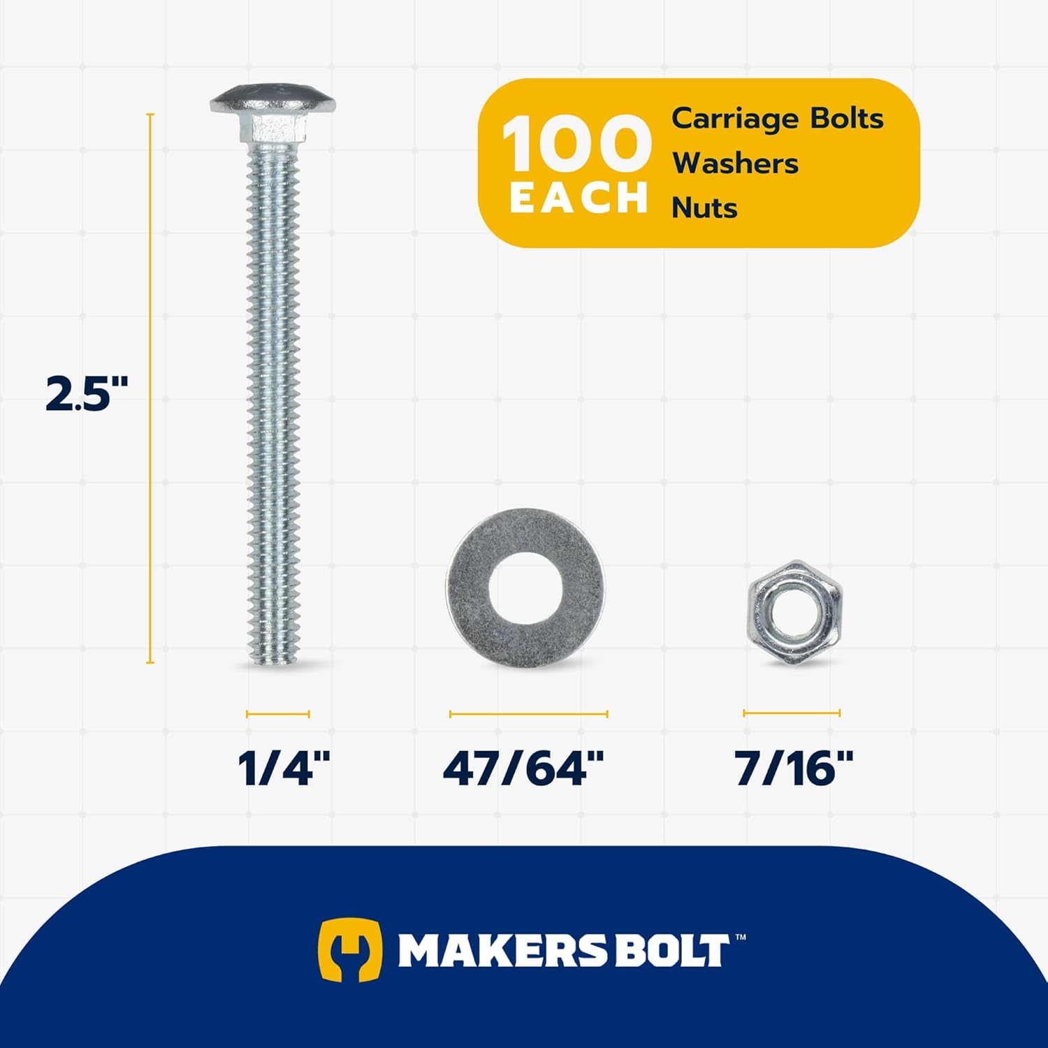 1/4" x 2-1/2" (100 Pack) Zinc Carriage Bolt Kit, Grade 307A by Makers Bolt