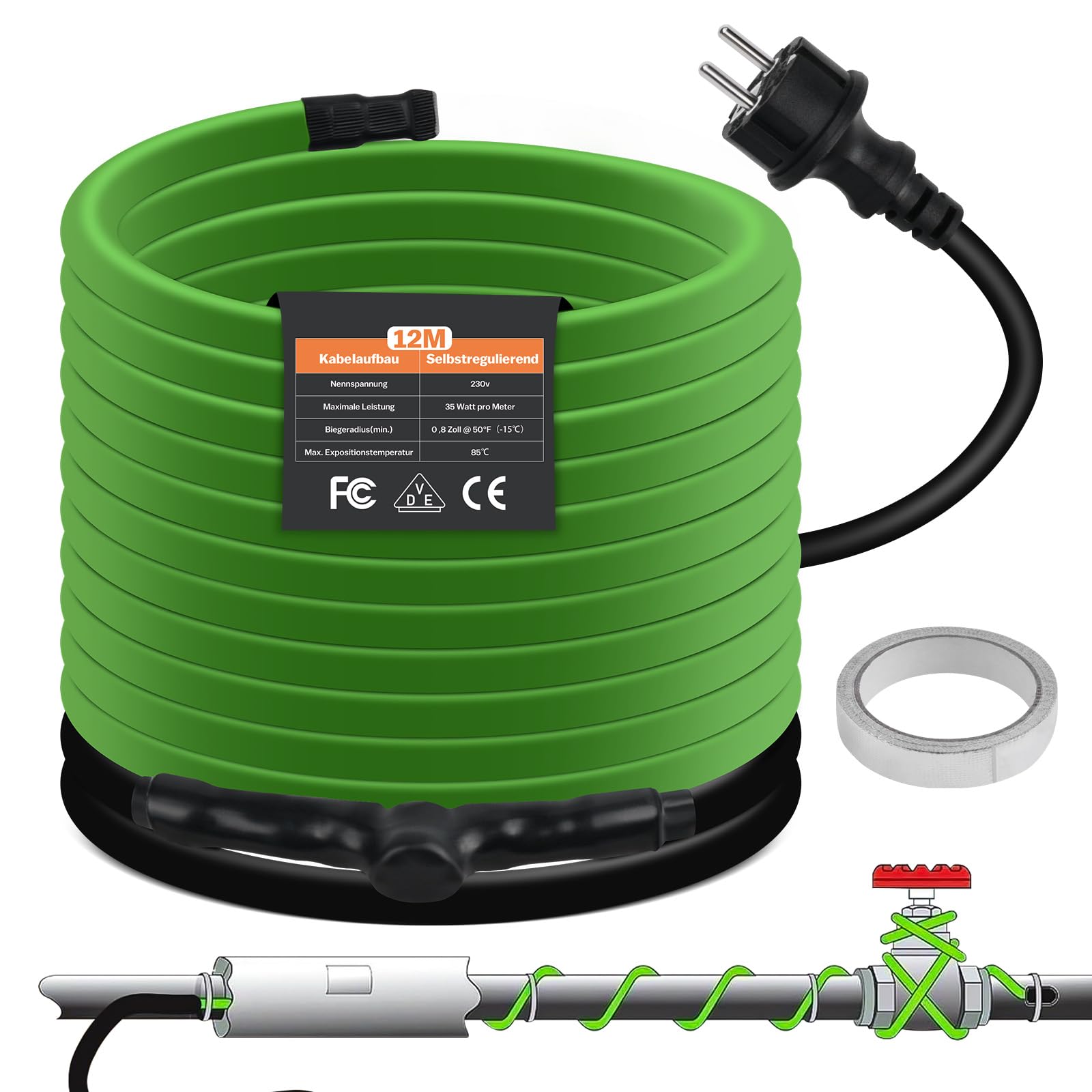 Cavo riscaldante autoregolante, 12 m, protezione antigelo con termostato integrato per la protezione dei tubi dell'acqua, ideale per piante, impermeabile con spina di protezione 35 W/m, 230