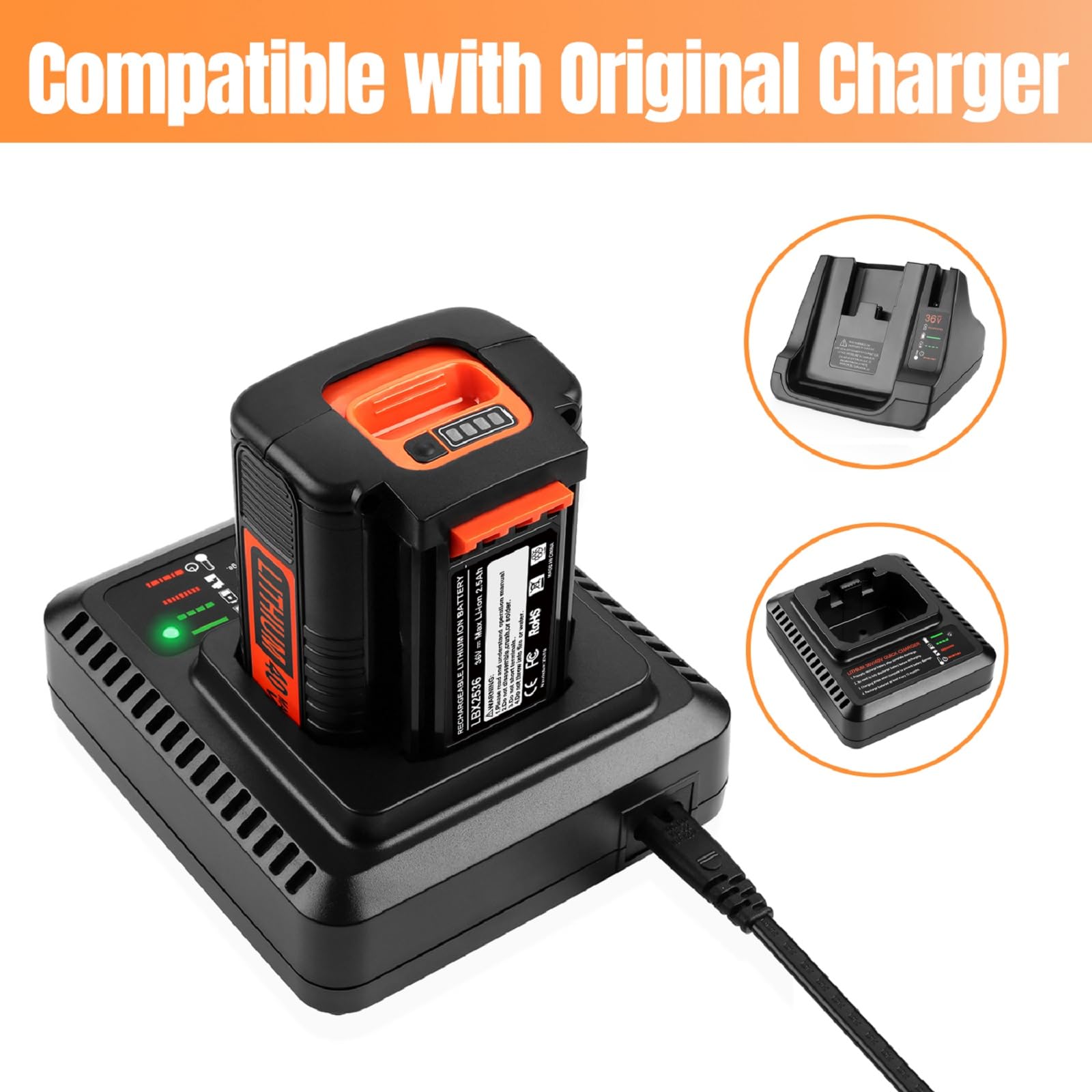 XNJTG 36 V, 2,5 Ah reserveaccu voor Black Decker 36 V accu LBX2040 LBX36 LBXR36 LBXR2036 met oplader vervangen voor Black Decker oplader LCS36 LCS40