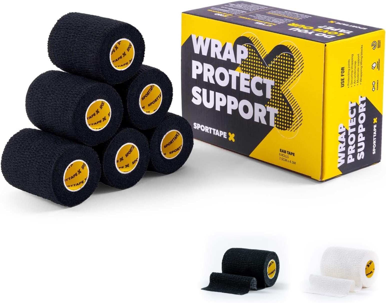 SPORTTAPE 6 Rolls - Tearable Elastic Adhesive Bandage (EAB) Tape - Black - 7.5cm x 4.5m - Rugby Lifting Tape, Tear Light Strapping Tape for Medical, Lifting Blocks, Knee Strapping, Elbow & Wrist Wrap