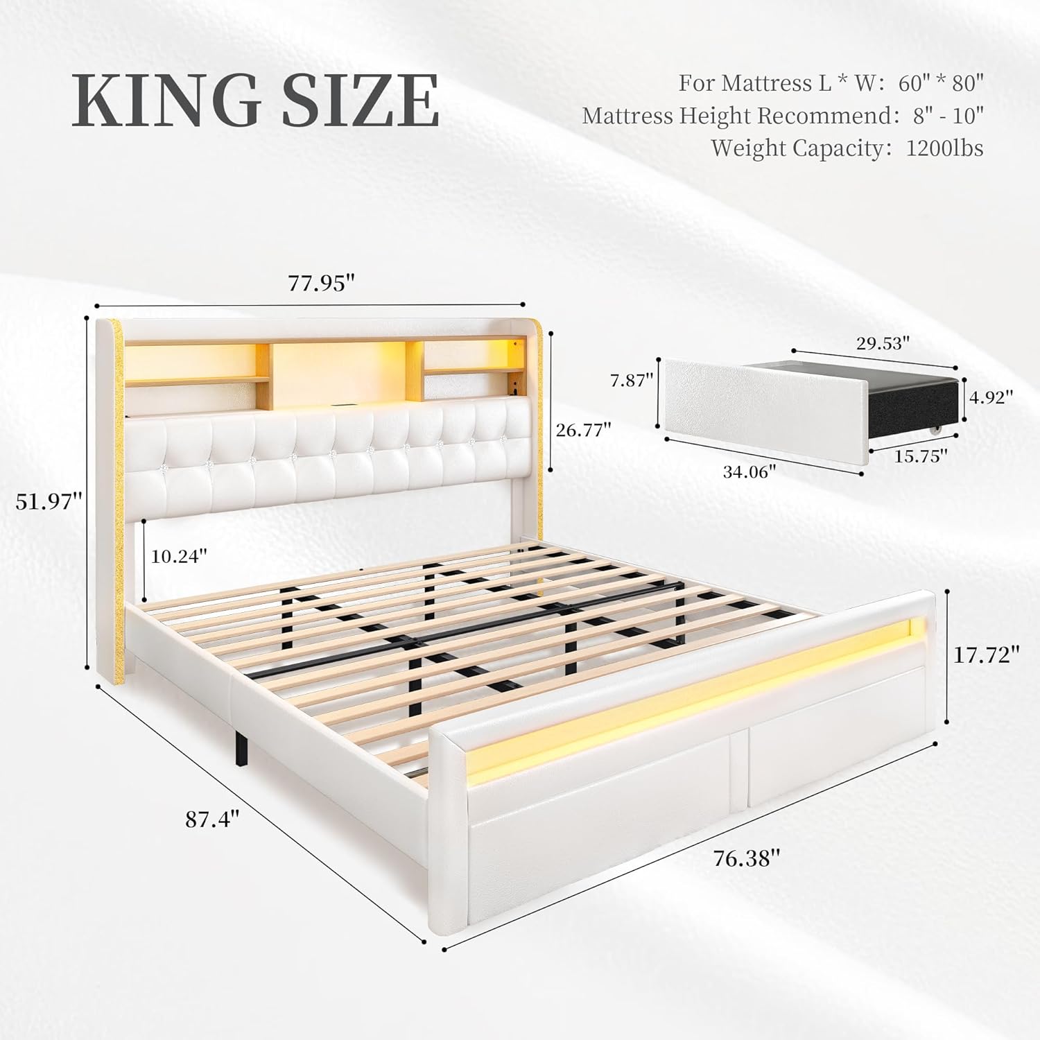 SIBEDS Bed Frame King Size with 52" Tall Bookcase Stroage Headboard, Upholstered Platform Bed with 2 Drawers, Charging Station and LED Lights, 18" Tall Footboard, No Box Spring Needed, PU White