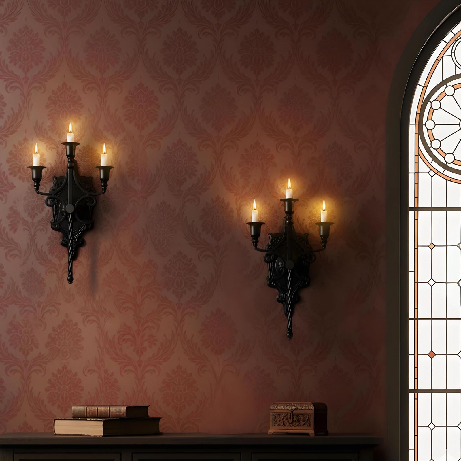 Gotische Eisen Kerzenhalter 2er-Set, 3-stufige Wandkerzenhalter für Taperkerzen, Mittelalterlicher Kirchen-Deko für Wohnzimmer Schlafzimmer, Dark Academia Wohnkult