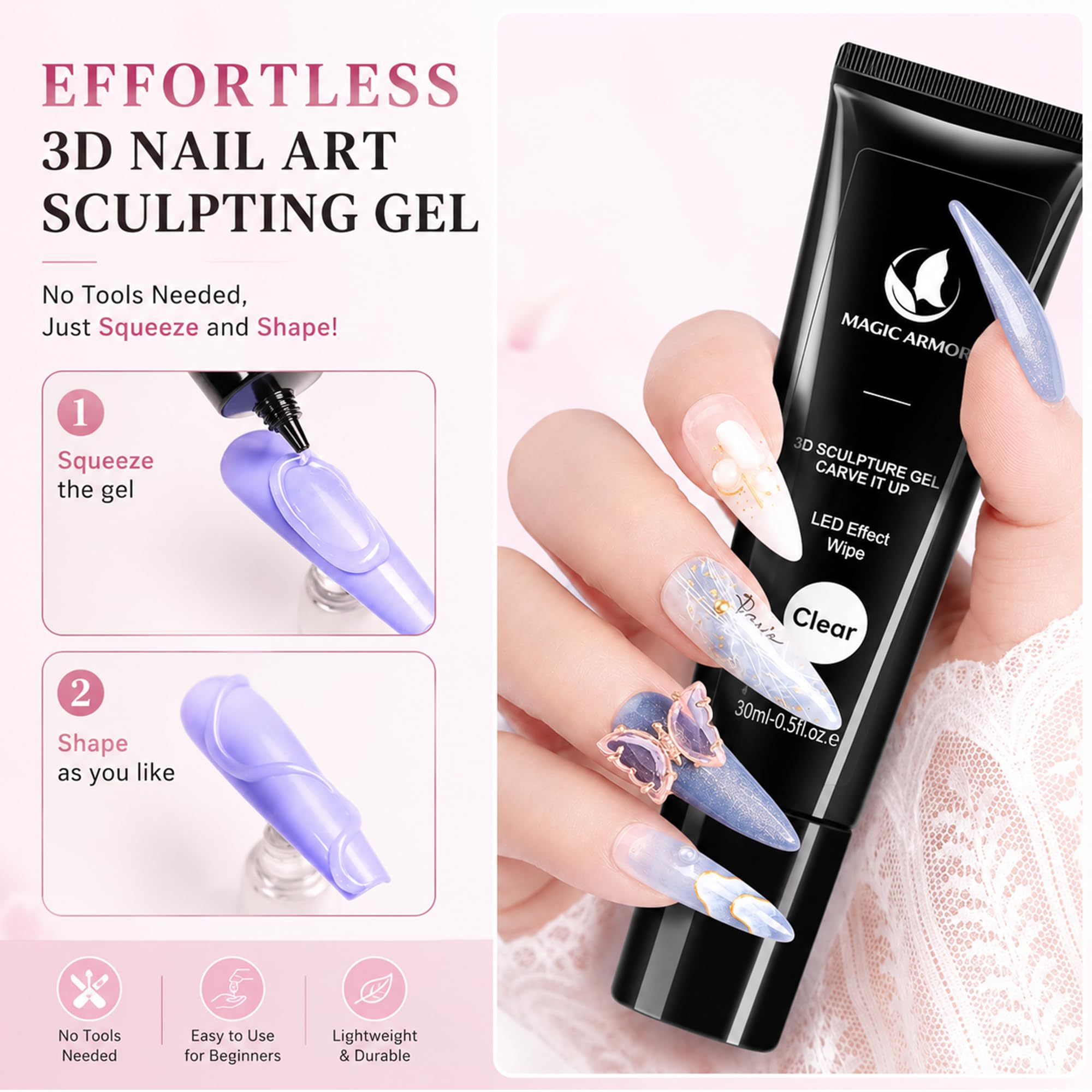 MAGIC ARMOR Żel do paznokci 3D – 15 g, żel budujący, przezroczysty, wielofunkcyjny, klej strasu, do 3D Nail Art Carving 3D Nail Sculpting Gel DIY do projektowania paznokci, rzeźbienia paznokci w domu