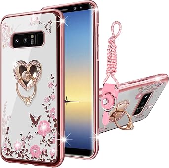 for Note 8 Phone Case,Galaxy Note 8 case for Women Glitter Crystal Soft Bling Butterfly Heart Floral Clear Protective Cover with Kickstand+Strap for Samsung Note 8 Rose Gold