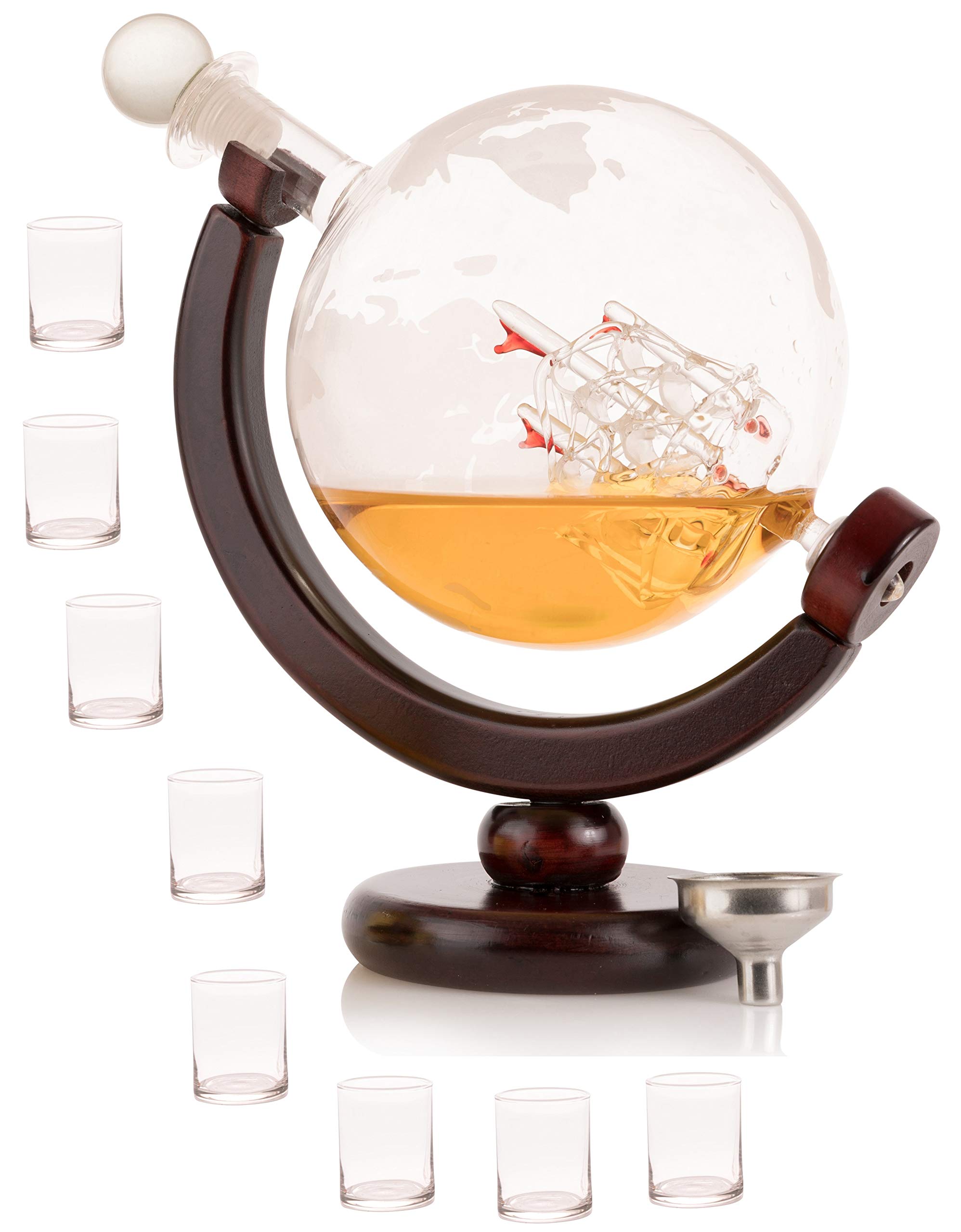 Olivia & Aiden Whiskey Decanter Globe with 8 Shot Glasses (Large 850 mL) World Map Liquor Dispenser | Unique Gift Set for Men | Scotch, Bourbon, Vodka, or Wine