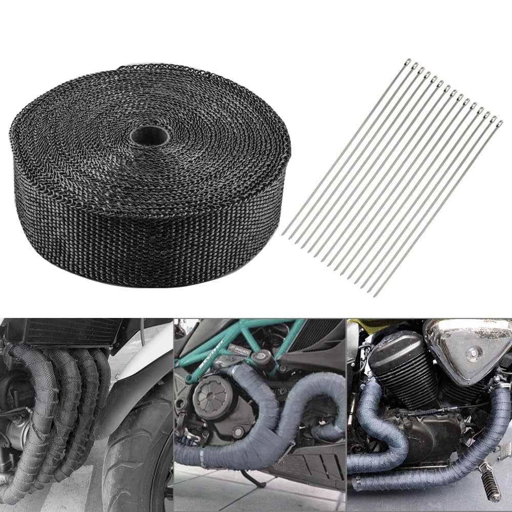 Benda Termica Scarico Moto 15m, Nastro Isolante Termico in Fibra di Vetro per Auto con 15pcs 30cm Fascette Acciaio Inossidabile, Benda Termica per Tubi di Scarico Auto e Moto