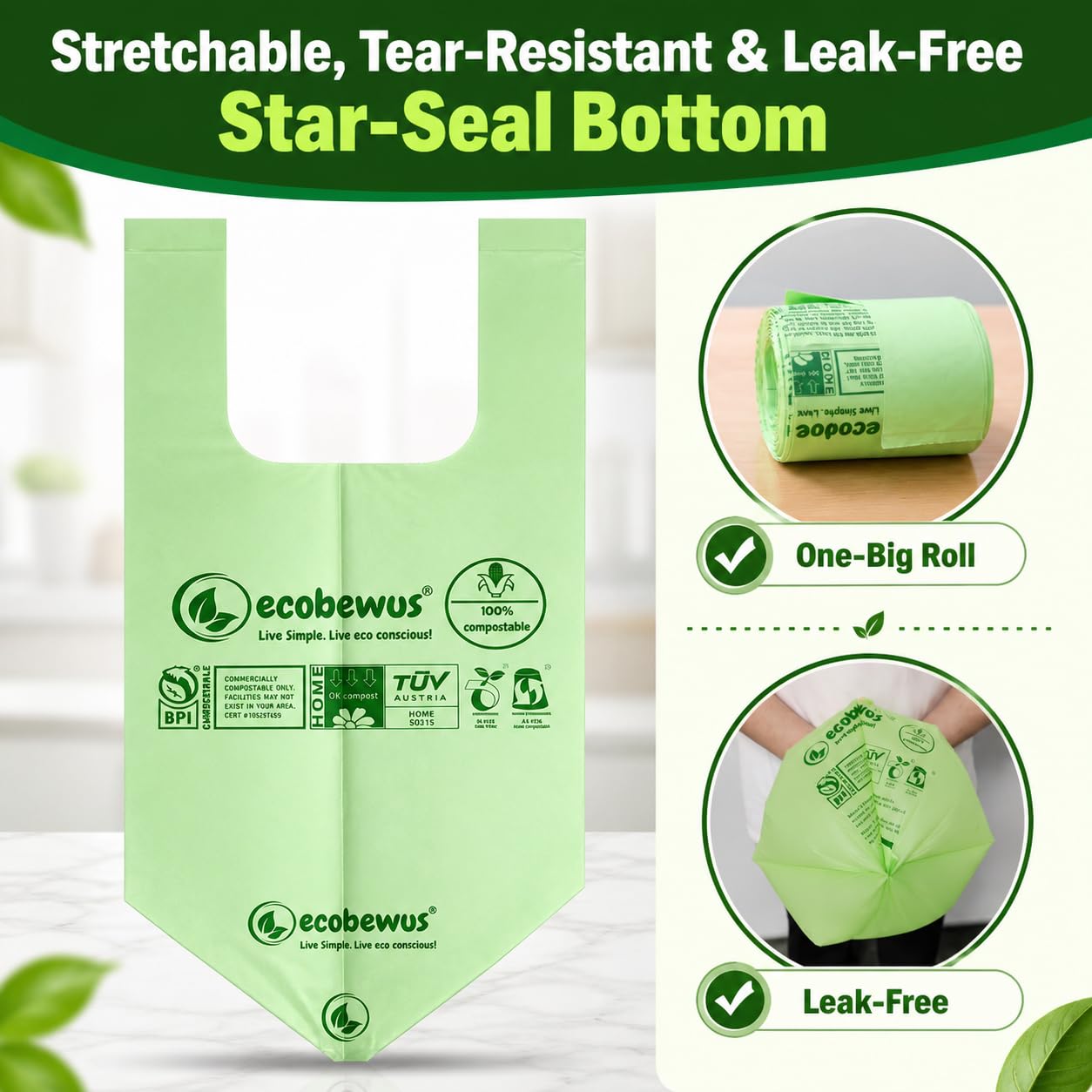 Bolsas 100 % compostables de 2.6 galones, con parte superior plana (125 bolsas), pequeñas bolsas de basura desechables para compostaje, bolsas de basura para alimentos, certificado BPI de EE. UU., TUV