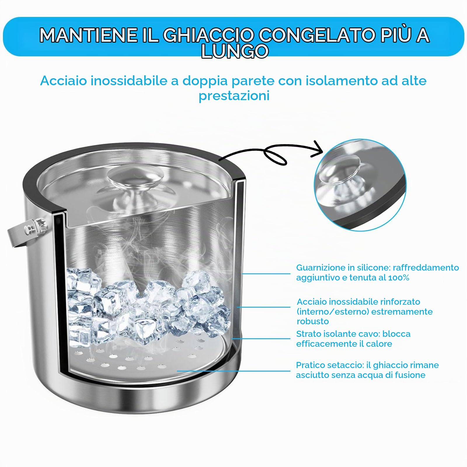 Contenitore per ghiaccio in acciaio inox, 3 l, con coperchio ermetico, colino e pinza per ghiaccio, a doppia parete, ideale per raffreddare birra, champagne e frutta
