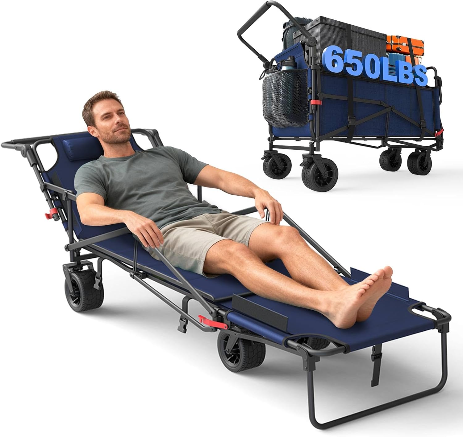 Image showing the LEVELEVE wagon in both cart mode and converted to a lounger with a person relaxing on it