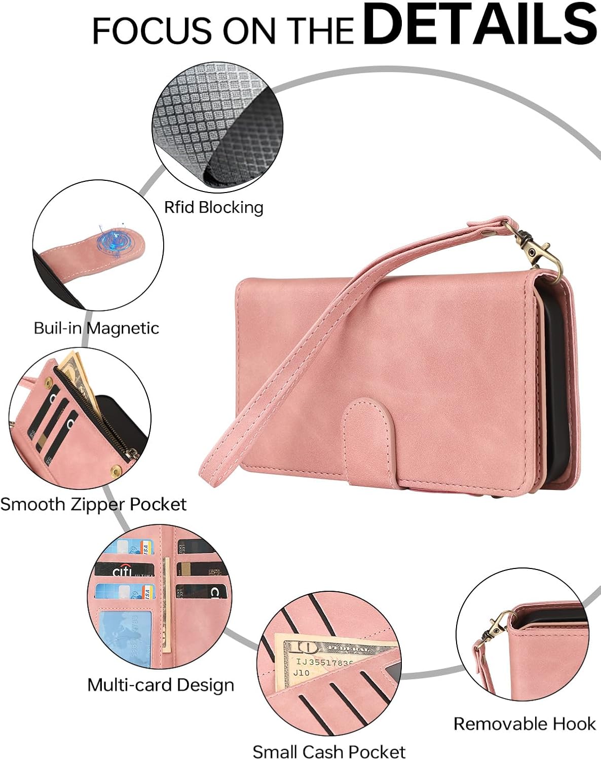 RANYOK Wallet Case Compatible with iPhone 17 Pro Max Case, with 6 Card Holder RFID Blocking, PU Leather Zipper Flip Wallet Pocket, Kickstand, Wrist Strap | Protective Phone Cover, Pink - Image 6