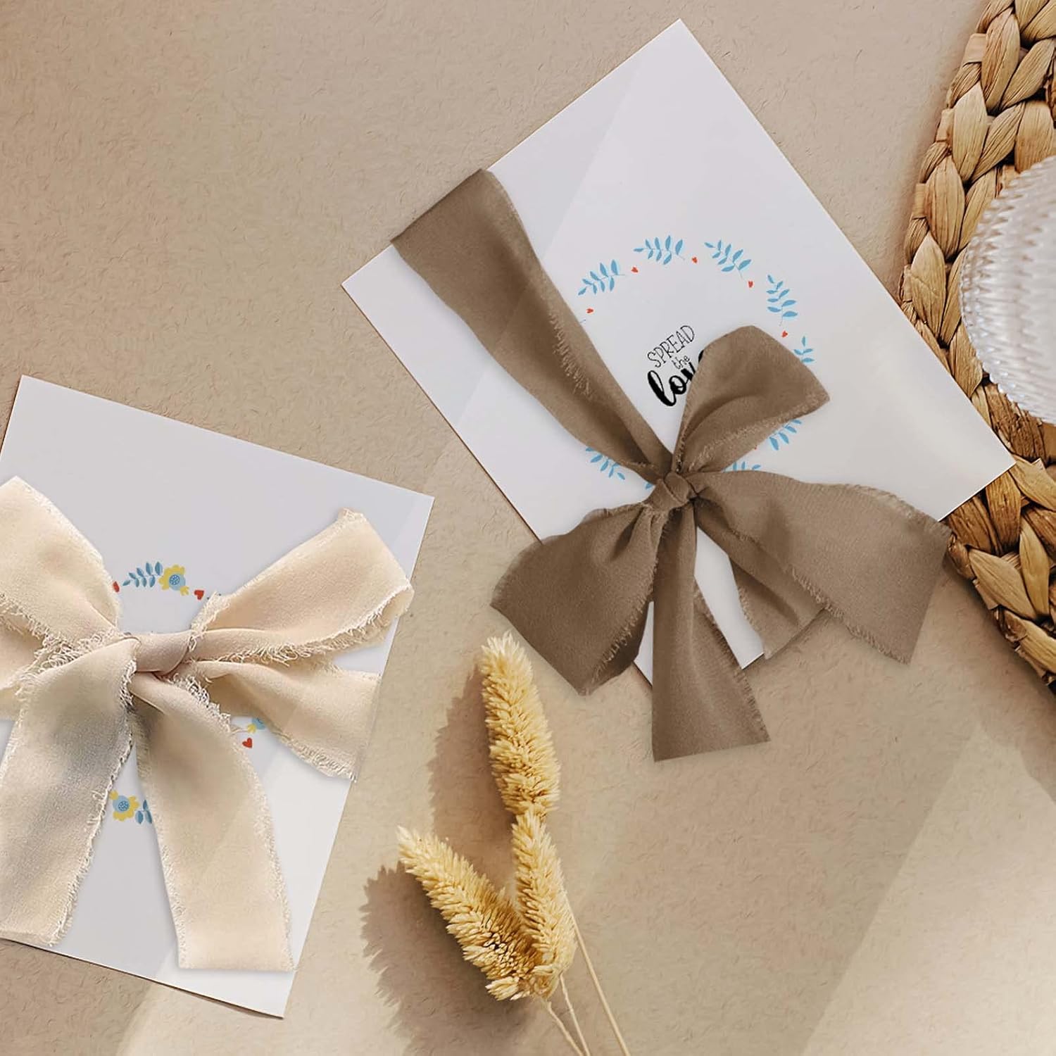 Bemawe Chiffon Ribbon, 4 Rolls 28 Yds Brown White Cream Fringe Chiffon Silk Ribbons 2" x 7 Yd Frayed Edge Silk Ribbon Set for Birthday Gift Wrapping Wedding Invitations DIY Crafts Bridal Bouquets