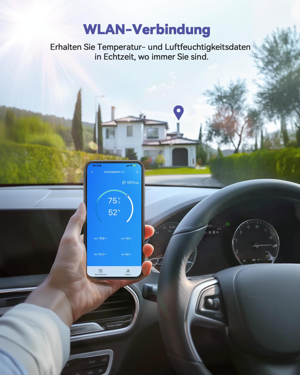 BALDR WLAN-Wetterstation mit App, 7,5-Zoll-Farbdisplay, 3 drahtlose Sensoren, kabellose Wetterstation für drinnen und draußen mit Echtzeit-Internetvorhersage
