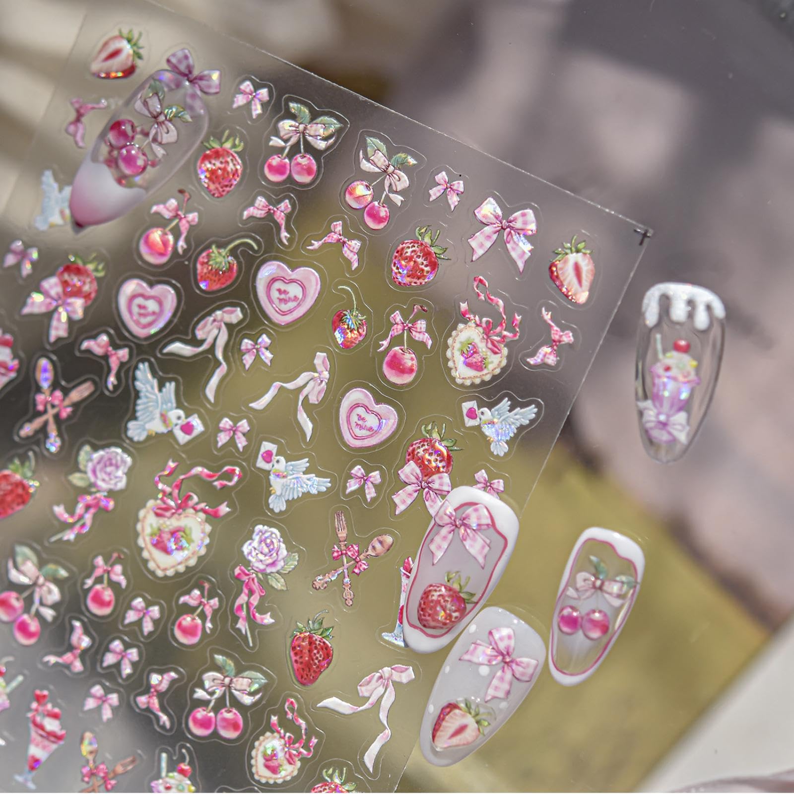 Pink Nail Stickers Decals Bow Heart Nail Art Stickers with Strawberry Cherry Design 5D Embossed Self Adhesive Cute Nails Charms for Women Girls Manicure Decoration Accessories