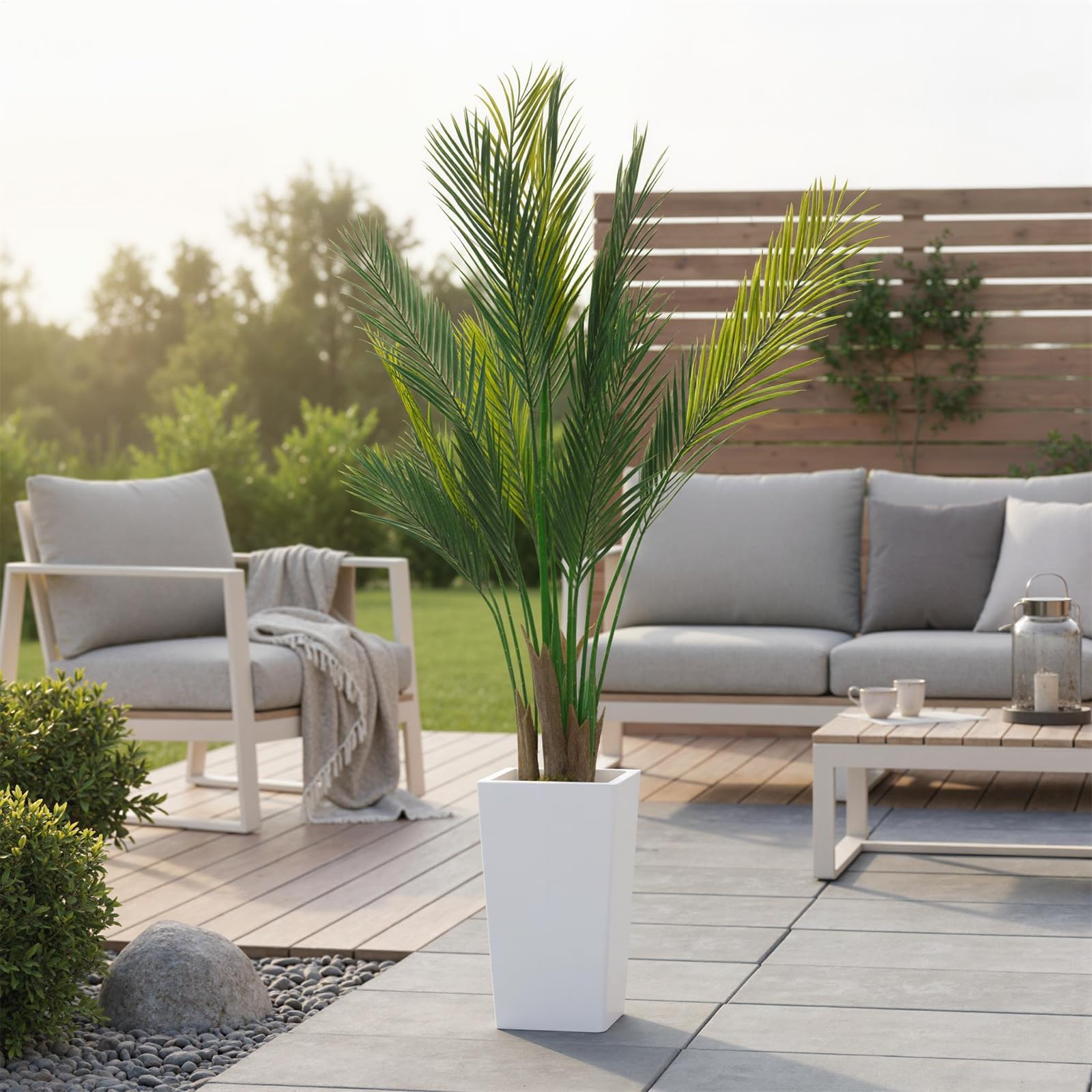 Plante Artificielle Feuillage Vert, Palmier Tropical 152cm, Pot Blanc Haut, Décoration Intérieur Extérieur