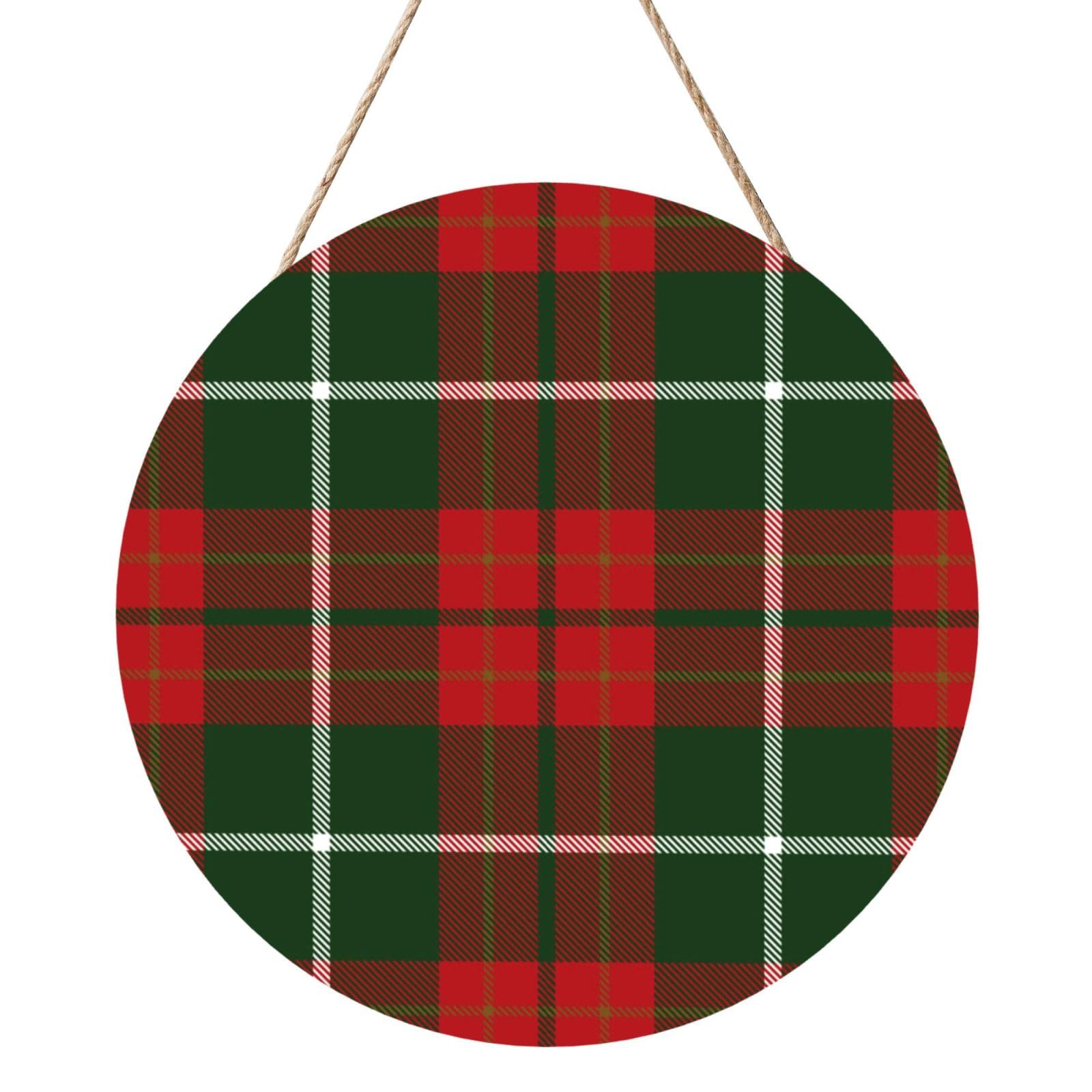 InOmak Christmas Decorative Tartan, Round Wood Panel Painting 12 in, Wall Hanging Painting For Home