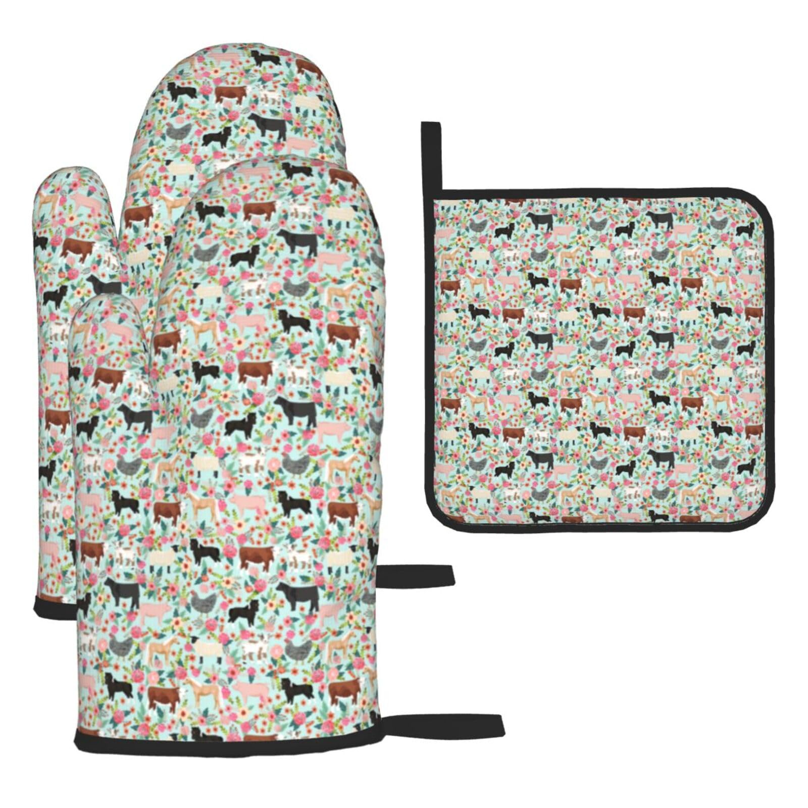 Farm Animal Print Oven Mitts Kitchen Gloves Set Everyday Baking Grilling Microwaving Cooking Gift