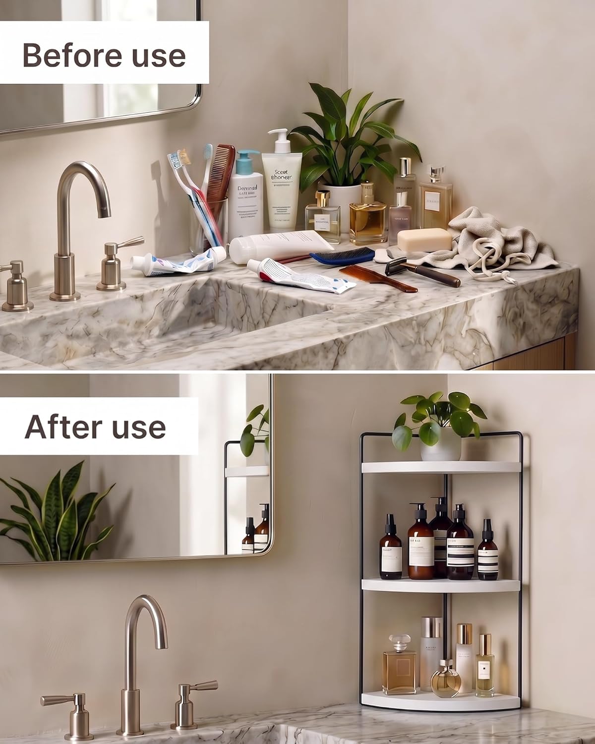 Corner Bathroom Countertop Organizer, 3-Tier Corner Shelf for Vanity & Bathroom Counter, Rustic Wood Standing Rack for Cosmetics & Skincare, Space Saving Storage for Toiletries, Sturdy Metal, White